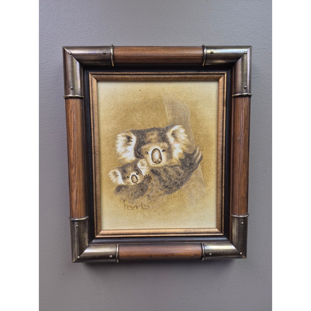 Peggy Harris Vintage 1983 Koala Mother Baby Framed Art Australian Wildlife Decor